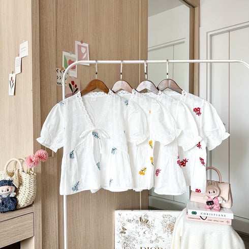 Summer Cotton Loose Lace V-Neck Border Embroidered Tops